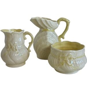 Belleek Vintage 3 Piece Set Cream Yellow Ribbon Design Ceramic Pitcher Creamer